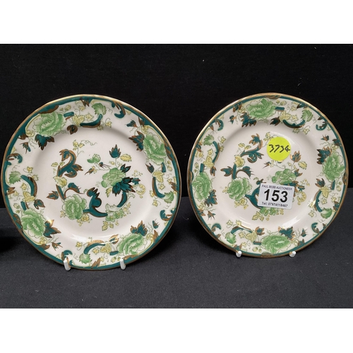 153 - 8 PEICES OF MASONS GREEN PATTERNED IRONSTONE CHINA CHARTEUSE , PAIR OF VASES WITH COVERS, PAIR OF PL... 