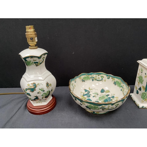 154 - 4 PIECES OF MASONS GREEN PATTERNED IRONSTONE CHINA CHARTEUSE - MANTLE CLOCK, TRINKET BOX, FRUIT BOWL... 