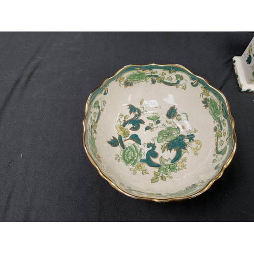 154 - 4 PIECES OF MASONS GREEN PATTERNED IRONSTONE CHINA CHARTEUSE - MANTLE CLOCK, TRINKET BOX, FRUIT BOWL... 