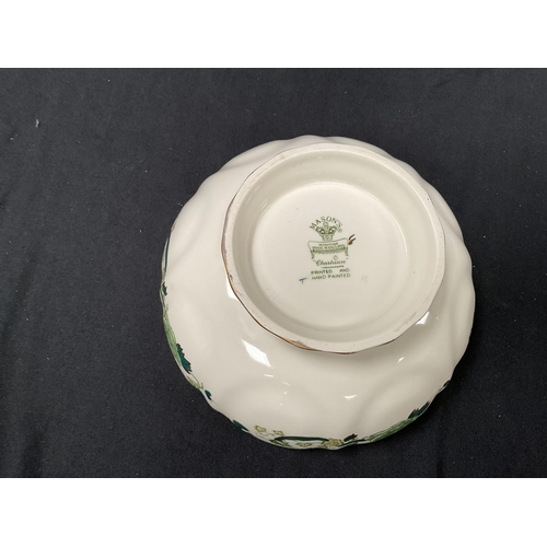 154 - 4 PIECES OF MASONS GREEN PATTERNED IRONSTONE CHINA CHARTEUSE - MANTLE CLOCK, TRINKET BOX, FRUIT BOWL... 