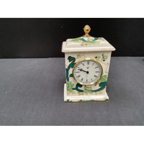 154 - 4 PIECES OF MASONS GREEN PATTERNED IRONSTONE CHINA CHARTEUSE - MANTLE CLOCK, TRINKET BOX, FRUIT BOWL... 