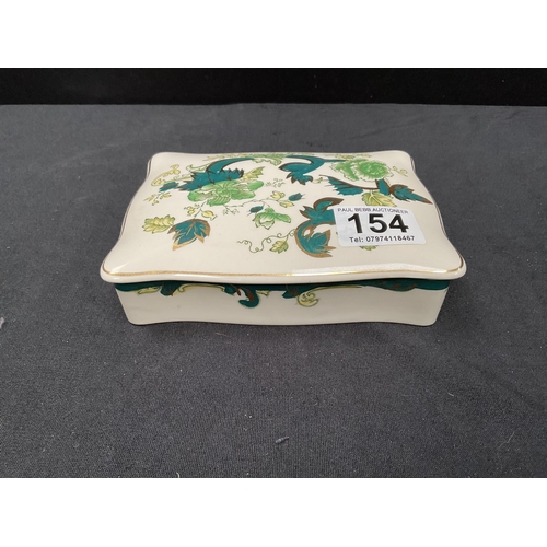 154 - 4 PIECES OF MASONS GREEN PATTERNED IRONSTONE CHINA CHARTEUSE - MANTLE CLOCK, TRINKET BOX, FRUIT BOWL... 