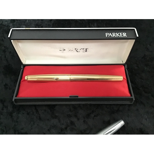 166 - 3 CASED PARKER PENS 1 WITH 14CT KNIB, AND 1 UNCASED SCHAEFFER PEN