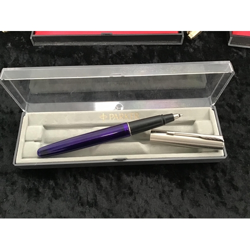 166 - 3 CASED PARKER PENS 1 WITH 14CT KNIB, AND 1 UNCASED SCHAEFFER PEN