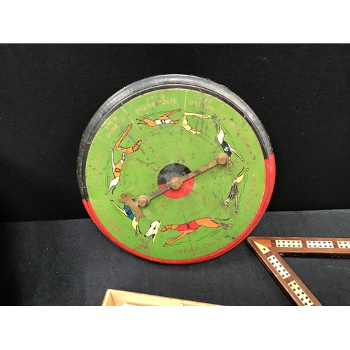 169 - TIN PLATE DOG RACING GAME, CRIB BOARDS ETC