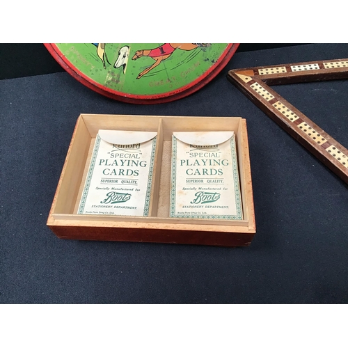 169 - TIN PLATE DOG RACING GAME, CRIB BOARDS ETC