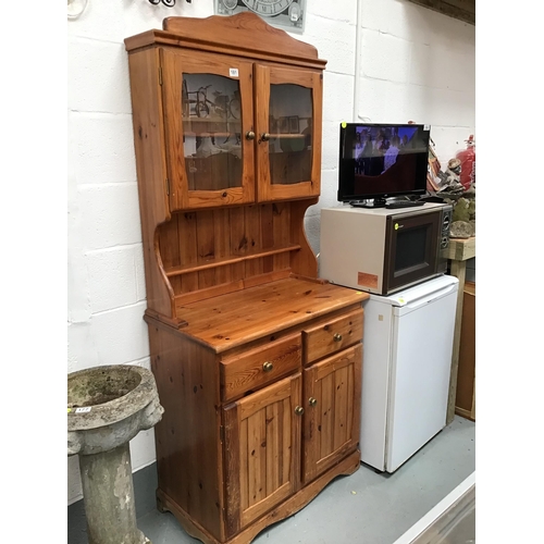 181 - MODERN PINE GLAZED TOP KITCHEN DRESSER - H76