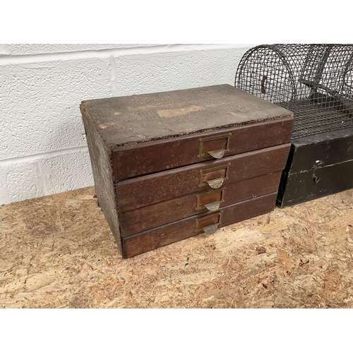 194 - VINTAGE OAK OFFICE CHEST OF 4 DRAWERS, WOODEN BOX AND RAT TRAP