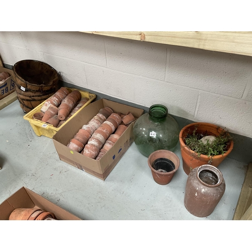 207 - BOX AND CRATE OF VINTAGE TERRACOTTA POTS, QTY HANGING BASKETS  GREEN GLASS CARBUOY ETC