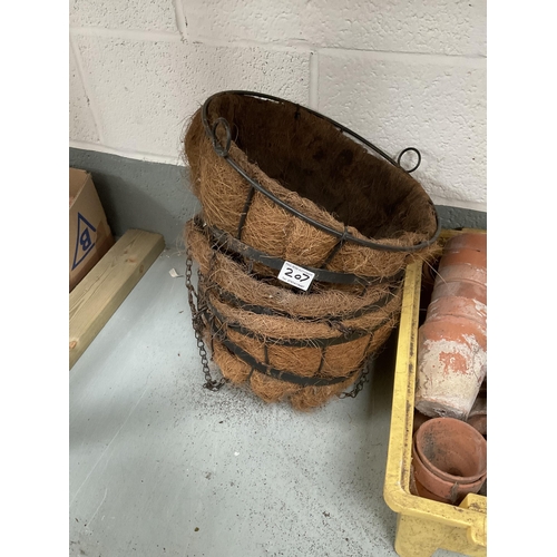 207 - BOX AND CRATE OF VINTAGE TERRACOTTA POTS, QTY HANGING BASKETS  GREEN GLASS CARBUOY ETC