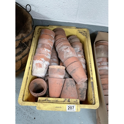 207 - BOX AND CRATE OF VINTAGE TERRACOTTA POTS, QTY HANGING BASKETS  GREEN GLASS CARBUOY ETC