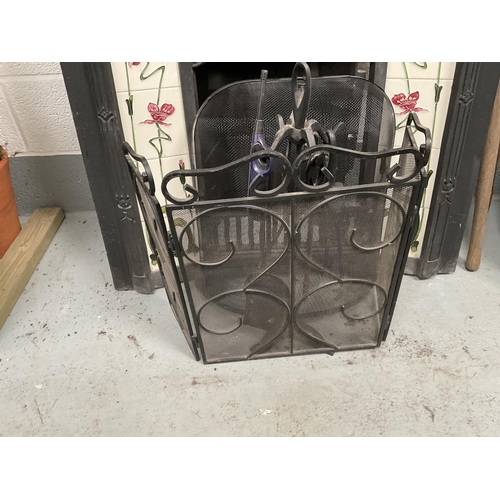 209 - REPRODUCTION CAST IRON FIREPLACE C/W TILES, FIREFRONT SPARK GUARD, COMPANION SETS ETC