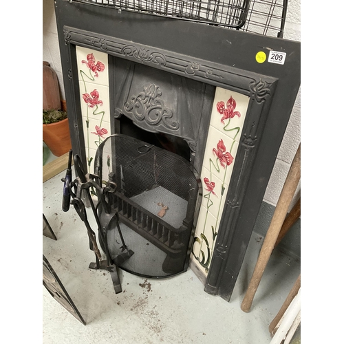 209 - REPRODUCTION CAST IRON FIREPLACE C/W TILES, FIREFRONT SPARK GUARD, COMPANION SETS ETC