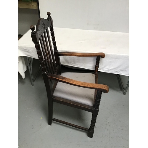 220 - OAK ARMCHAIR WITH BOBBIN DECORATION (STRETCHER MISSING)