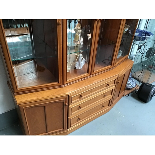 232 - VINTAGE STAG SANDRINGHAM TEAK GLAZED TOPPED 4 DOOR LOUNGE UNIT WITH BASE 4 DRAWERS FLANKED BY 2 DOOR... 