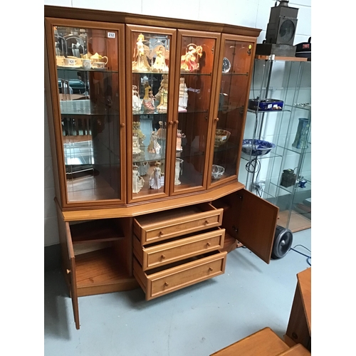 232 - VINTAGE STAG SANDRINGHAM TEAK GLAZED TOPPED 4 DOOR LOUNGE UNIT WITH BASE 4 DRAWERS FLANKED BY 2 DOOR... 