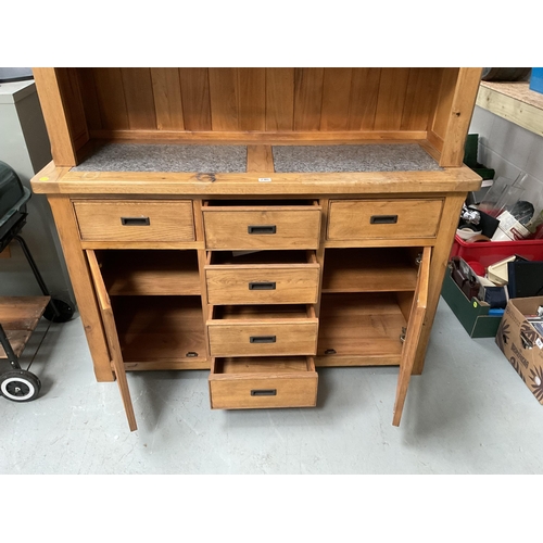 246 - MODERN OAK DRESSER BASE WITH 6 DRAWERS AND 2 DOORS C/W INSET MARBLE TOP AND OPEN RACK - G PLAN - H29... 