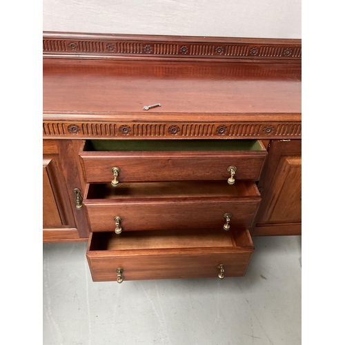 250 - EDWARDIAN MAHOGANY SIDE BOARD WITH 3 CENTRE DRAWERS FLANKED BY 2 DOORS - H41