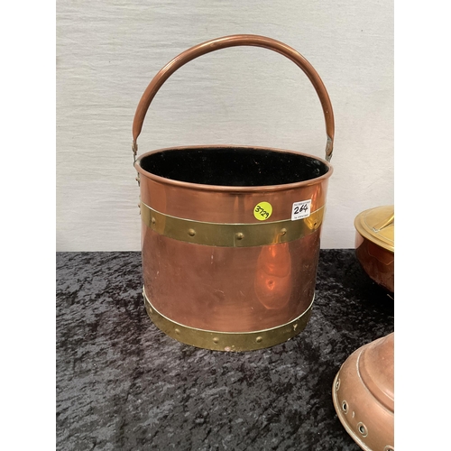 264 - BRASS & COPPER BUCKET, COPPER ART DECO JARDINERE SIGNED JS & S , LARGE COPPER & BRASS JUG AND VICTOR... 