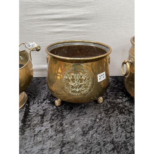 272 - 2 BRASS JARDINERES AND BRASS COAL SCUTTLE