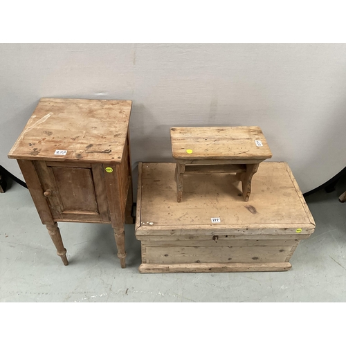 277 - VICTORIAN STRIPPED PINE BOX, POT CUPBOARD AND SMALL STOOL - ALL A/F