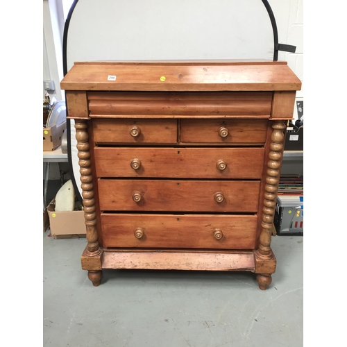 298 - VICTORIAN PINE BEDROOM CHEST WITH BOBBIN DECORATION ON TURNED FEET - H53