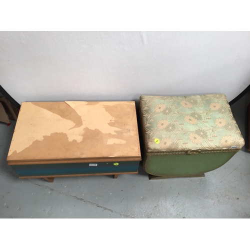 302 - VINTAGE LINEN BOX AND FITTED SEWING BOX AND CONTENTS