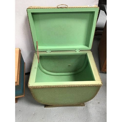 302 - VINTAGE LINEN BOX AND FITTED SEWING BOX AND CONTENTS