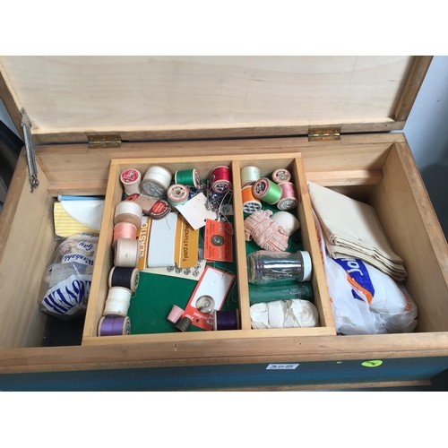 302 - VINTAGE LINEN BOX AND FITTED SEWING BOX AND CONTENTS