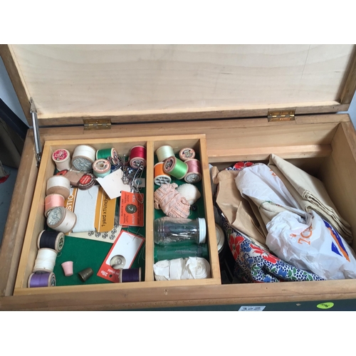 302 - VINTAGE LINEN BOX AND FITTED SEWING BOX AND CONTENTS