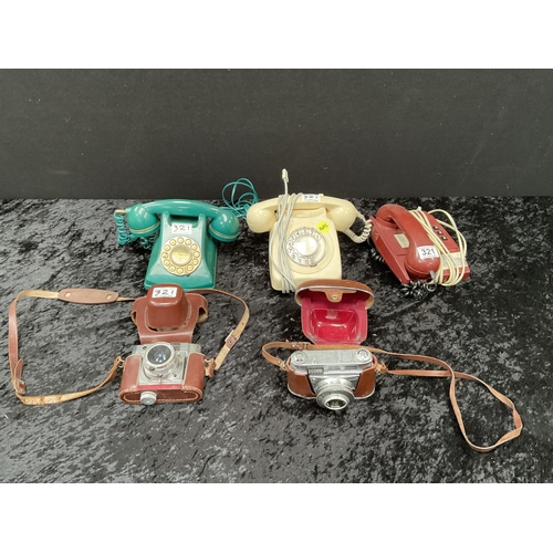 321 - 3 VINTAGE TELEPHONES AND 2 VINTAGE CAMERARS