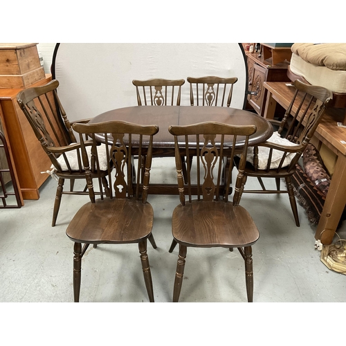 324 - DARK OAK PRIORY EXTENDING REFECTORY DINING TABLE WITH 6 MATCHING DINING CHAIRS TO INCLUDE 2 CARVERS ... 