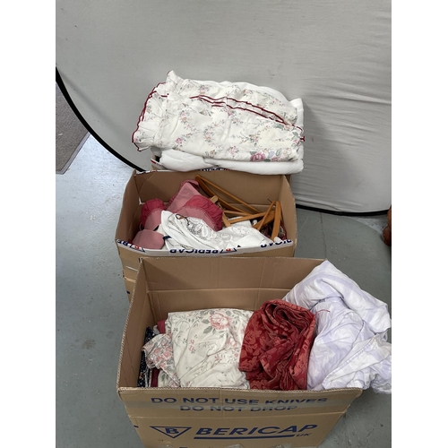 326 - 3 BOXES OF BEDDING, LINEN, VINTAGE COAT HANGERS ETC