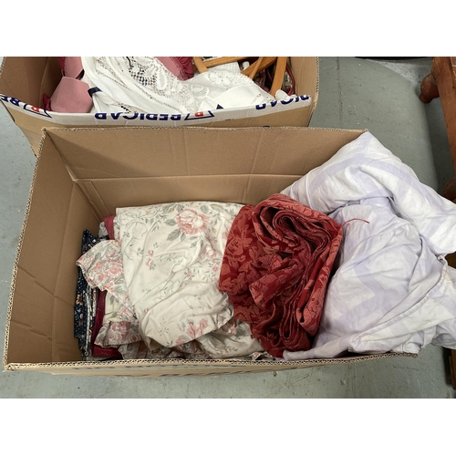 326 - 3 BOXES OF BEDDING, LINEN, VINTAGE COAT HANGERS ETC