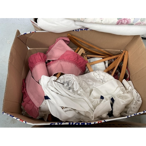 326 - 3 BOXES OF BEDDING, LINEN, VINTAGE COAT HANGERS ETC