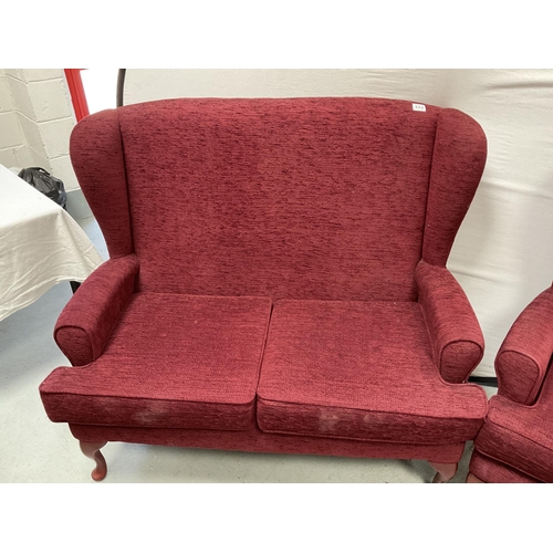 333 - WINE COLOURED UPHOLSTERED 2 SEATER SETTEE A/F AND MATCHING ARMCHAIR ON CABRIOLE LEGS