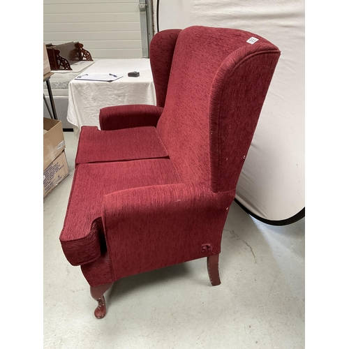 333 - WINE COLOURED UPHOLSTERED 2 SEATER SETTEE A/F AND MATCHING ARMCHAIR ON CABRIOLE LEGS