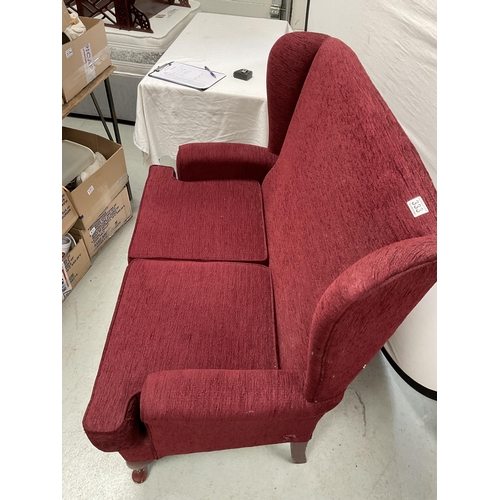 333 - WINE COLOURED UPHOLSTERED 2 SEATER SETTEE A/F AND MATCHING ARMCHAIR ON CABRIOLE LEGS