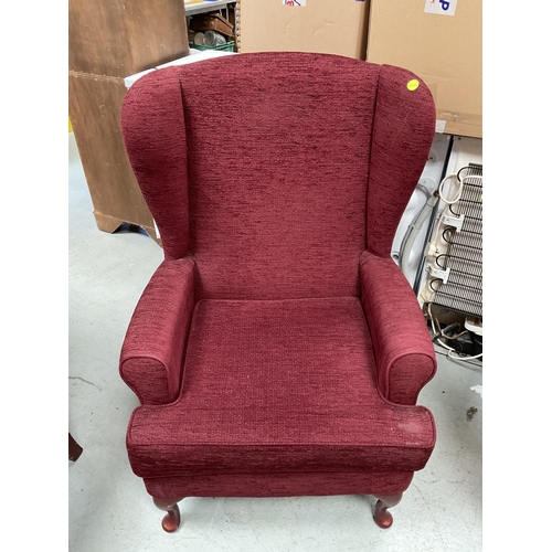 333 - WINE COLOURED UPHOLSTERED 2 SEATER SETTEE A/F AND MATCHING ARMCHAIR ON CABRIOLE LEGS