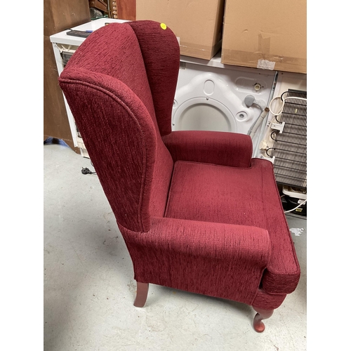 333 - WINE COLOURED UPHOLSTERED 2 SEATER SETTEE A/F AND MATCHING ARMCHAIR ON CABRIOLE LEGS