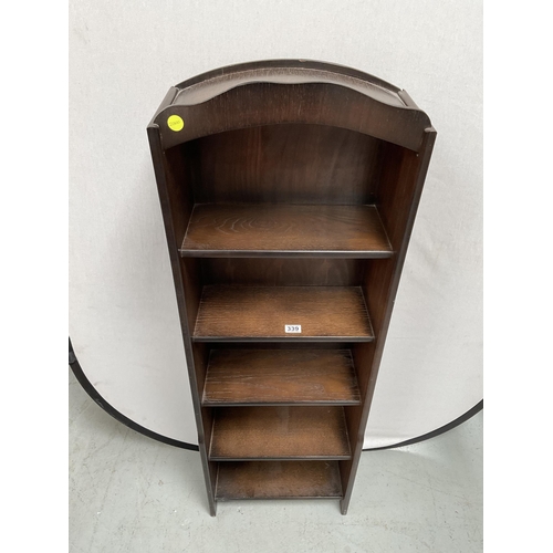 339 - DARK OAK PRIORY DOME TOP NARROW BOOKCASE OF 5 SHELVES -H56