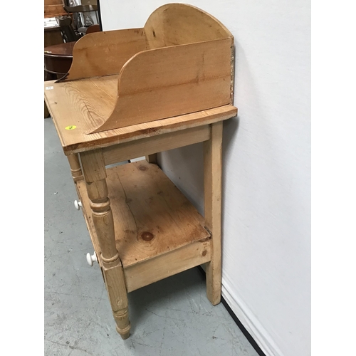 341 - VICTORIAN STRIPPED PINE GALLERY TOPPED WASHSTAND ON TURNED LEGS WITH SINGLE DRAWER - H32 X W28