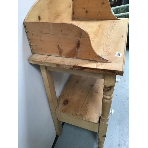 341 - VICTORIAN STRIPPED PINE GALLERY TOPPED WASHSTAND ON TURNED LEGS WITH SINGLE DRAWER - H32 X W28