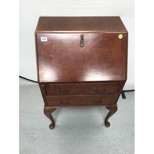 350 - VINTAGE WALNUT VENEERED BUREAU WITH 2 DRAWERS ON CABRIOLE LEGS - H40