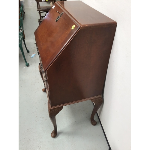 350 - VINTAGE WALNUT VENEERED BUREAU WITH 2 DRAWERS ON CABRIOLE LEGS - H40