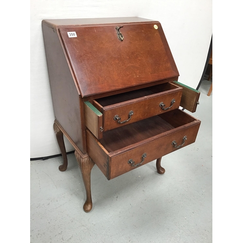 350 - VINTAGE WALNUT VENEERED BUREAU WITH 2 DRAWERS ON CABRIOLE LEGS - H40