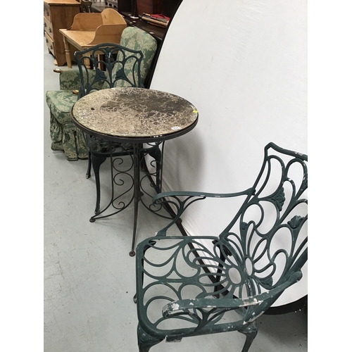 357 - ORNATE METAL BISTRO TABLE AND 2 MATCHING ARMCHAIRS