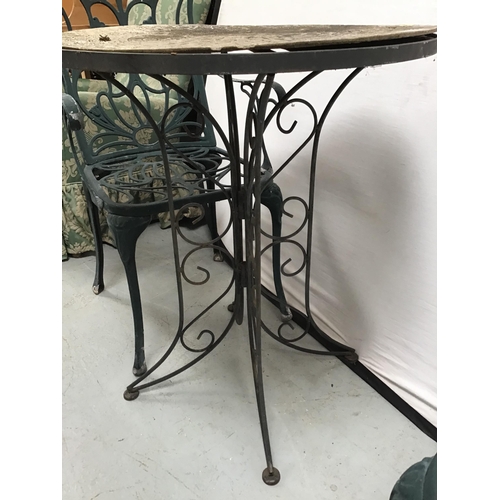 357 - ORNATE METAL BISTRO TABLE AND 2 MATCHING ARMCHAIRS