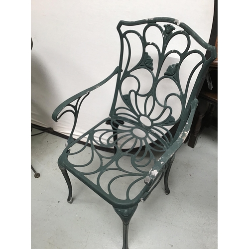 357 - ORNATE METAL BISTRO TABLE AND 2 MATCHING ARMCHAIRS