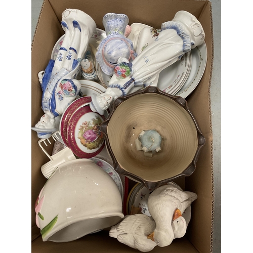 370 - 5 BOXES OF CHINA ETC TO INCLUDE TG GREEN MIXING BOWLS, FIGURES, VASES ETC